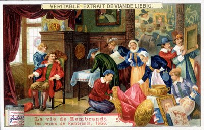 Liebig-kromolitografi om livet til Rembrandt (1606 - 1669), nederlandsk maler. Dette er Rembrandts tilbakeslag i 1656. av Unknown artist