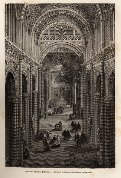 Interiøret i katedralen i Siena, gravering for å illustrere en reise til Siena (Italia) i 1865, i "Le tour du monde, nouveau journal des voyages" utgitt under ledelse av Edouard Charton av Unknown artist