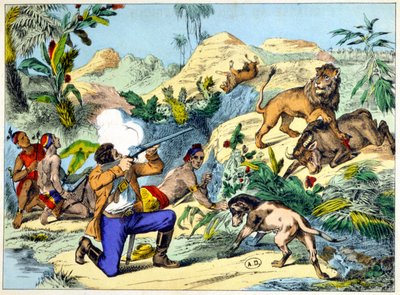 Løvejakt i Sør-Afrika. 1800-talls gravering. av Unknown artist
