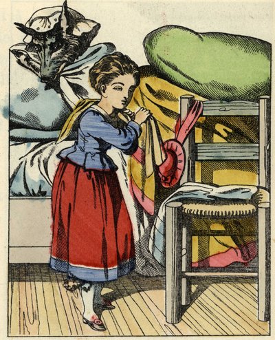 Rødhette hjemme hos bestemoren. Illustrasjon av historien "Den lille rødhette" av Charles Perrault av Unknown artist
