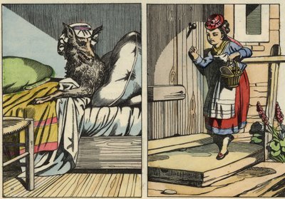 Rødhette banker på døra til bestemoren hans. Illustrasjon av historien "Den lille rødhette" av Charles Perrault av Unknown artist