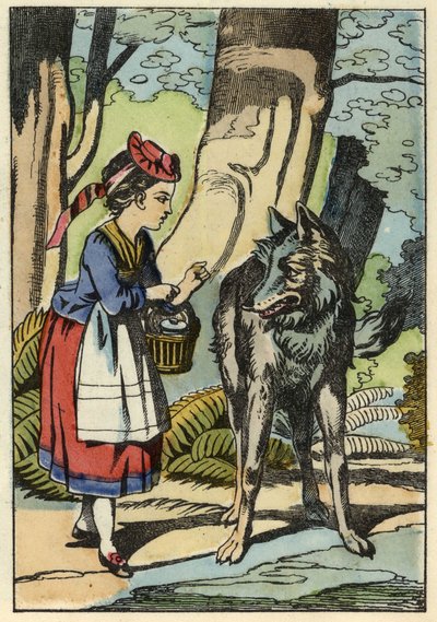 Little Red Riding Hood meets the wolf in the forest. Illustration of the tale “The Little Red Riding Hood” by Charles Perrault av Unknown artist