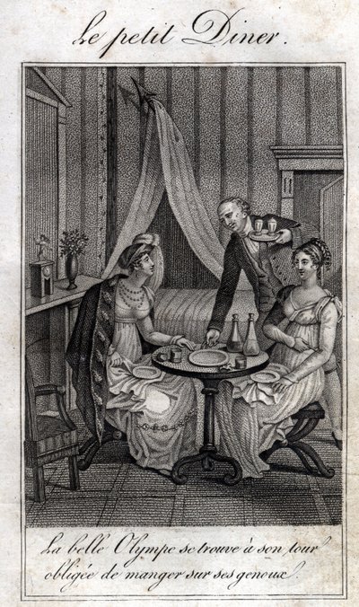 Liten middag. Olympe de Gouges (1748-1793), fransk kvinne med bokstaver og revolusjonær med Celine en av vennene hennes. av Unknown artist