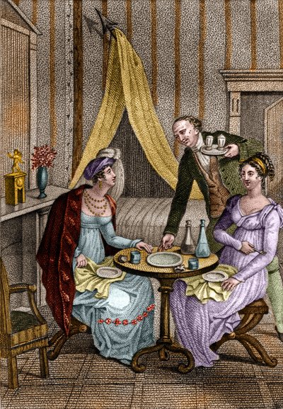 Little dinner. Olympe de Gouges (1748-1793), French woman of letters and revolutionary with Celine one of her friends. in “” Conseils a ma fille “” by Jean Nicolas Bouilly (1763-1842). 1820. Private collection. av Unknown artist