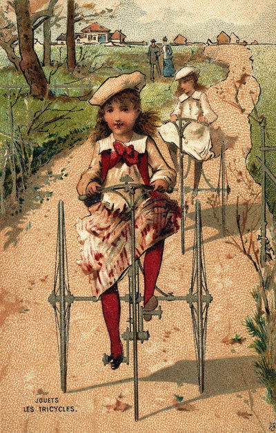Little girls doing tricycles.Chromolithography around 1890. av Unknown artist