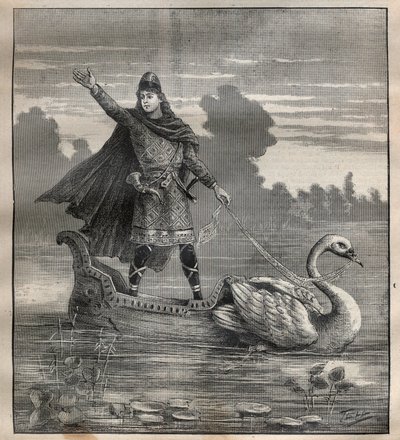 Lohengrin inn i en nacelle tegnet av en svane, scene av operaen "Lohengrin"" av Richard Wagner (1813-1883) - Gravering i "" La Science francaise"" av Unknown artist