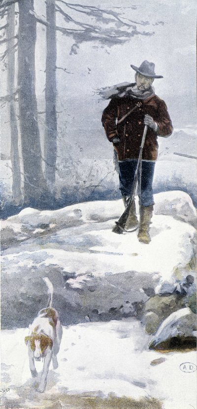 Ensom jeger med hund i et snølandskap, sent på 1800-tallet av Unknown artist
