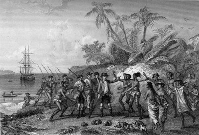 Louis Antoine Comte de Bougainville, fransk navigatør (1729-1811), nærmer seg øyene til markisene på Tahiti, 6. april av Unknown artist