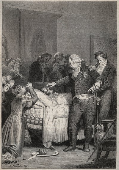 Ludvig XVIII ved dødsleiet til hertugen av Berry - De siste øyeblikkene til hertugen av Berry 13. februar 1820 (1778 - 1820) ved Paris-operaen omgitt av Ludvig XVIII og kongefamilien - gravering i "Histoire de France narrate to my barnebarn” av Unknown artist