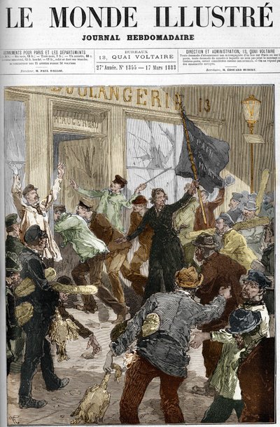 Louise Michel (1833-1905), en fransk revolusjonær, viftet med et svart flagg påskrevet «brød eller død», under plyndringen av et bakeri under arbeiderdemonstrasjonen 9. mars 1883 i Paris. av Unknown artist