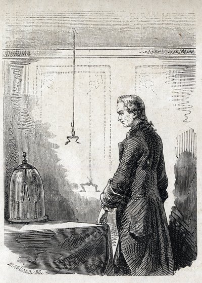 Luigi Galvani causes frog contractions by lightning rod electricite - LUIGI GALVANI (1737-1798) Italian physician and physicist. Causes Contractions in a Frog with Electricity from a Thundercloud av Unknown artist