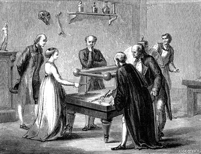 Luigi Galvani oppdaget i 1780 irritabiliteten til froskemuskelen ved elektrisitet av Unknown artist
