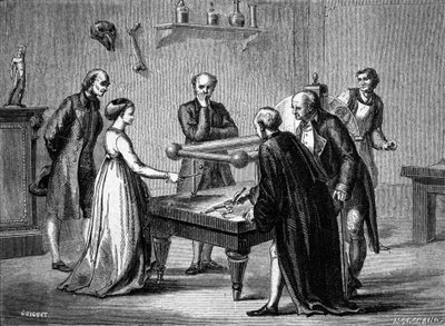 Luigi Galvani, professor i Bologna, oppdaget i 1780 irritabiliteten til froskemusklene ved elektrisitet. Gravering av 1800-tallet. av Unknown artist
