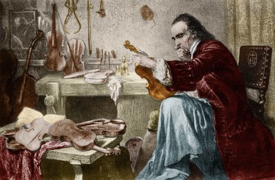 Luthier Stradivarius (Antonio Stradivari) (1644-1737) i verkstedet sitt. Gravering av Hammann. Fiolindesigner Antonio Stradivari (Stradivarius) at Work. av Unknown artist