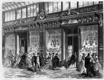Luxury in Paris: Opening of the store of Auguste Klein Boulevard des Capucines. Engraving in “The Illustrous Universe” av Unknown artist