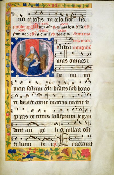 MS.McC.57. f.48r St. Anne troner, leser, Jomfru Maria med barnet sittende foran henne, initialer fra en antifon, sent på 1400-tallet av Unknown artist