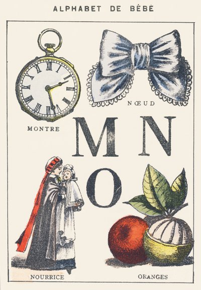 M N O: klokke, knute, sykepleier, appelsiner av Unknown artist