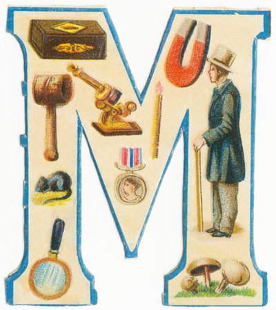 M: fyrstikker, magnet, klubbe, mikroskop, mus, medalje, mann, forstørrelsesglass, sopp (farge litho) av Unknown artist