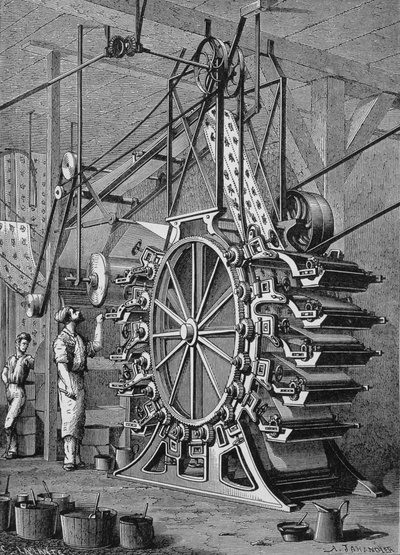 Maskin for trykking av tapeter i 10 farger, gravering 1800-tallet. av Unknown artist