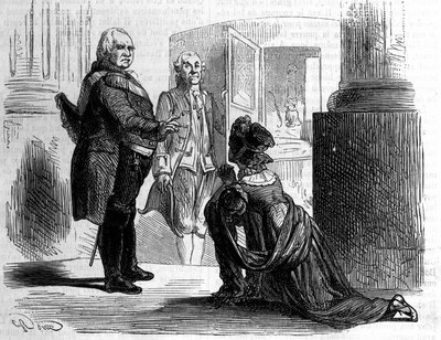 Madame grevinnen av Labedoyere på knærne til Louis XVIII, konge av Frankrike. av Unknown artist