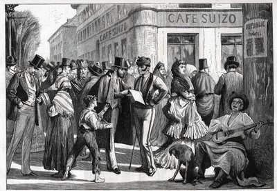 Madrid in 1873. Walkers at the corner of Seville Street and Alcala Street. Engraving from 1873. av Unknown artist
