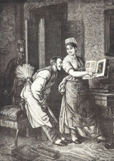 Hushjelp tar friheter og overhørt av husets elskerinne (litho) av Unknown artist