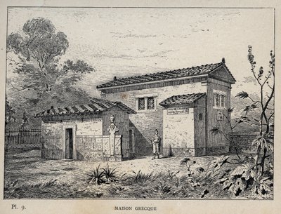 Maison Grecque (gresk hus) - gravering av 1889 i "History of human habitation at the Universal Exhibition of 1889, by Mr Charles GARNIER - Librairie centrale des beaux-arts Paris 1889 av Unknown artist