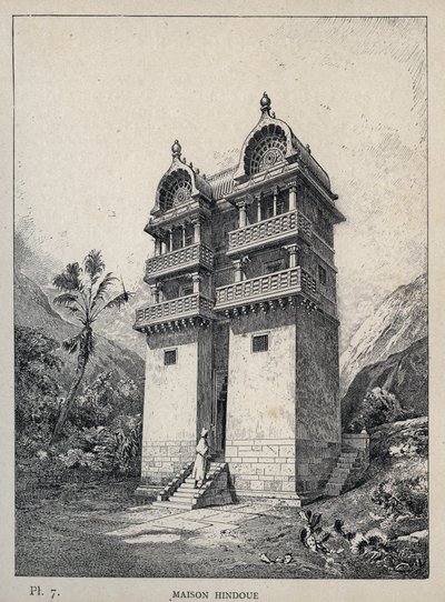 Maison Hindu (hindu-hus) - gravering av 1889 i "History of human habitation at the Universal Exhibition of 1889, by Mr Charles GARNIER - Librairie centrale des beaux-arts Paris 1889 av Unknown artist