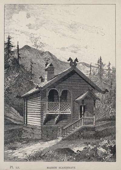 Maison Scandinavian (Scandinavian House) - gravering av 1889 i "History of human habitation at the Universal Exhibition of 1889, by Mr Charles GARNIER - Librairie centrale des beaux-arts Paris 1889 av Unknown artist