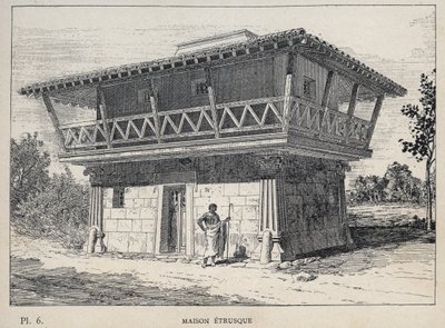 Maison etrusque (etruskisk hus) - gravering av 1889 i "History of human habitation at the Universal Exhibition of 1889, by Mr Charles GARNIER - Librairie centrale des beaux-arts Paris 1889 av Unknown artist