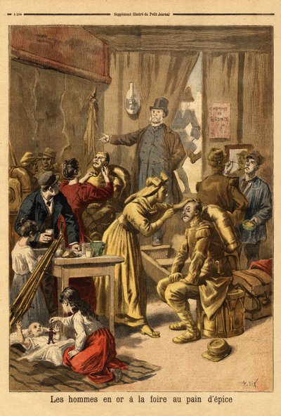 Makeup av skuespillere av et levende maleri "" menn i gull""" for pepperkakemessen. Gravering i "" Le petit journal"" 16.04.1894. Selvas samling. av Unknown artist
