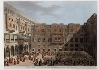 Mamelukker øver på gårdsplassen til Palace Mourad Bey - i "Utsikt i Egypt, Palestina og andre deler av det osmanske riket"" av Unknown artist