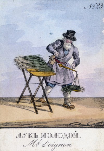 Mann som veier løk i en vekt som henger på beltet. Illustrasjon av 1800-tallet. Gravering fra 1800-tallet av Unknown artist