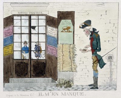Mann uten krone foran cateringbutikken - gravering av Unknown artist