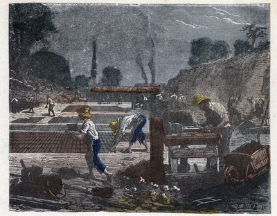 Produksjon av en murstein på 1800-tallet: formarbeideren fyller formen sin med leirmasse, så legger lærlingen mursteinen på gulvet for å tørke den. Gravering sent på 1800-tallet. av Unknown artist