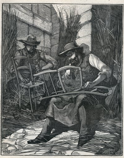 Produksjon av stoler: mulching og stokking av stoler. Gravering fra 1885 i "" Les arts et metiers illustres"" av Adolphe BITARD. av Unknown artist