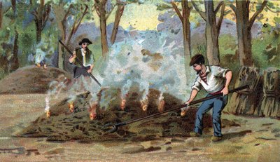 Manufacture of charcoal, combustion furnace. Chromolithography of the late 19th century av Unknown artist