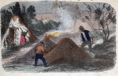 Produksjon av trekull på 1800-tallet: kullmakere foran kvernsteiner sammensatt av tre og leirebukker som de satte fyr på. Gravering sent på 1800-tallet. av Unknown artist