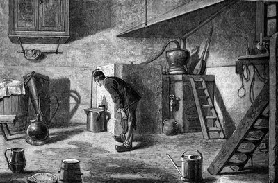 Produksjon av kirsch: destillasjon, slottet Isenberg i Alsace. Gravering i "" Le Journal de la jeunesse"" av Unknown artist