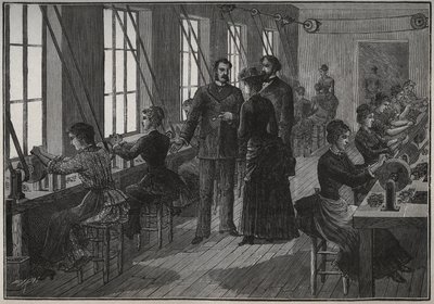Produksjon av metallfjær: slipeverksted i Frankrike på 1800-tallet. Gravering fra 1885 i "" Les arts et metiers illustres"" av Adolphe BITARD. av Unknown artist