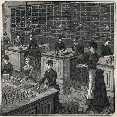Produksjon av metallfjær: sortering og innpakning av fjær i en fabrikk i Frankrike på 1800-tallet. Gravering fra 1885 i "" Les arts et metiers illustres"" av Adolphe BITARD. av Unknown artist