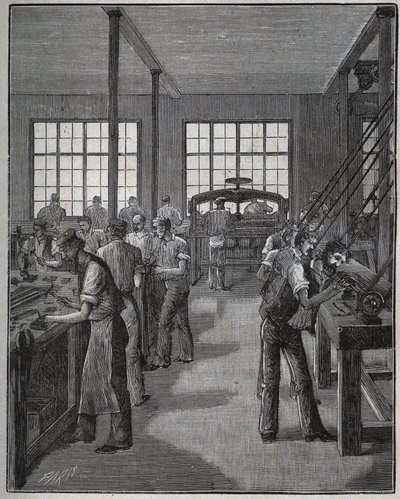 Produksjon av pennholder (penneholder) og blyantholder (blyantholder). Gravering fra 1885 i "" Les arts et metiers illustres"" av Adolphe BITARD. av Unknown artist