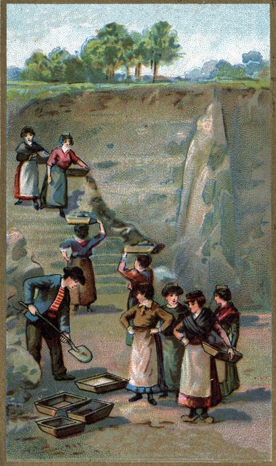 Produksjon av porselen, kaolinbrudd. Kromolitografi fra slutten av 1800-tallet av Unknown artist