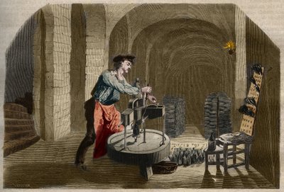 Produksjon av musserende champagnevin: tappemaskin brukt i en kjeller. Gravering fra 1858 i "" Le Musee Des Sciences"" av Unknown artist