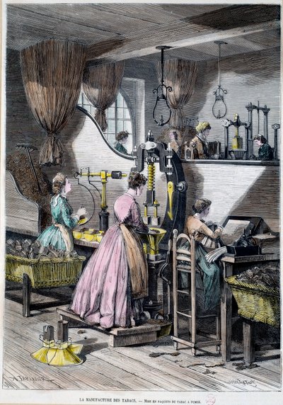 Produksjon av tobakk, emballasje av tobakk for røyking. Litografi av Paris 1867, Musee Carnavalet av Unknown artist
