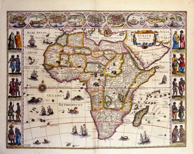 Kart over Afrika fra William Blaeus Atlas. På toppen er byene Tanger, ceuta, Alger, Tunis, Alexandria, Alcair, Mosambik, Saint Georges de la Mina, Kanariøyene. Ulike øyer er også representert utenfor Afrika, Mascareignes-øyene, Mada av Unknown artist
