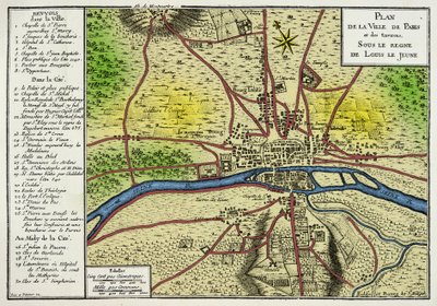Kart over byen Paris under Louis Le Jeunes regjeringstid (Louis VII 1120-1180) Kongen av francene, gravering 1800-tallet av Unknown artist