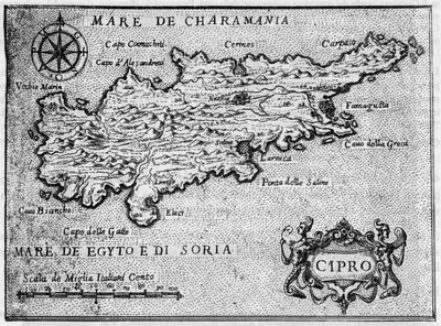Kart over øya Kypros (Kypros) i 1587 i "" Den mest hengivne reisen til Jerusalem ". av Unknown artist