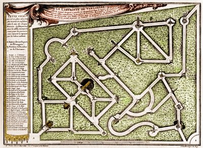 Kart over labyrinten i parken til slottet i Versailles, laget av Andre Le Notre (1613-1700). Gravering i "" La Nature. Revue des sciences et de ses applications aux arts et a l