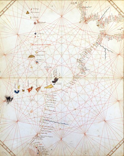 Kart som viser Gibraltar, Marokko og Kanariøyene. Portulan fra 1400-tallet. av Unknown artist